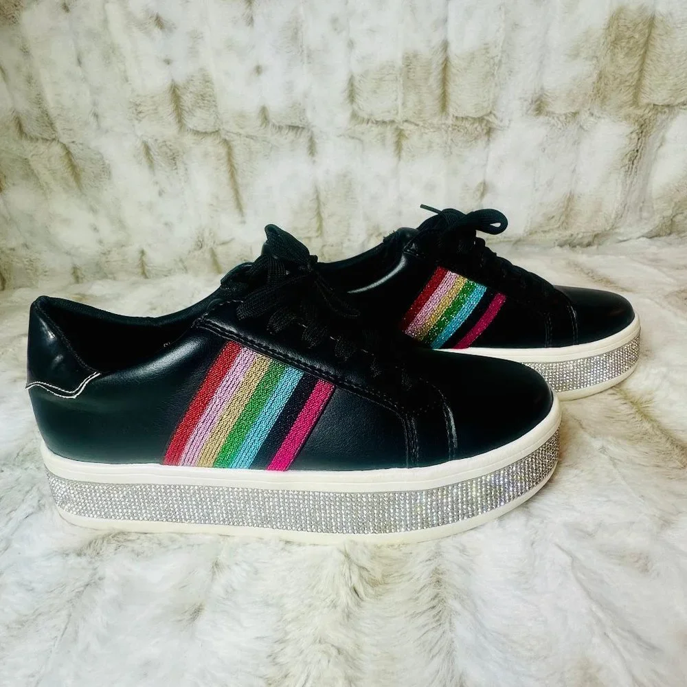 Pazzle Black Leatherett With Rainbow Stripes & Rhinestone Trim Platform Sneaker